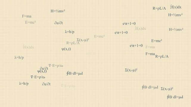Animated physics equations and mathematical formulas on grid animation 4k background, for science and, education projects