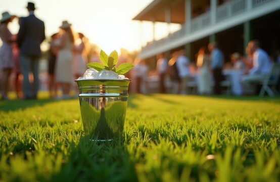 Silver cup with ice mint and ice sits on grass during summer horse race event. People in formal attire socialize near grandstand. Sunny day.