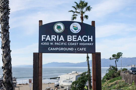 Faria Beach, Ventura County, California, USA - Entrance Sign for Faria Beach Park Campground and Cafe Along the Pacific Coast Highway with Pacific Ocean Views