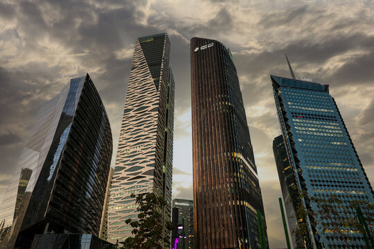 Riyadh, Saudi Arabia - Feb 11 2026, King Abdullah Financial District at night , KAFD business towers