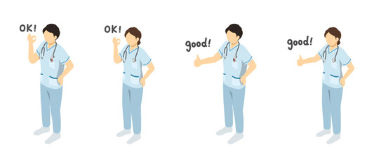 Obraz premium アイソメトリックイラスト：OKとGOODのジェスチャーをする看護師男女(白)