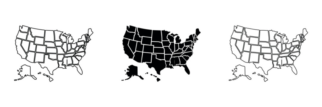 Outline and silhouette maps of the United States with states clearly delineated
