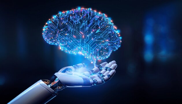 robot hand digital brain artificial intelligence machine learning neural network technology data innovation glowing futuristic robotic hand