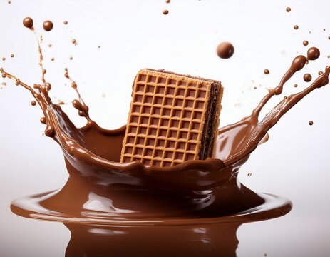 chocolate wafer biscuit suspended mid air above a rich dark chocolate splash creating dynamic motion and texture against a stark white background
