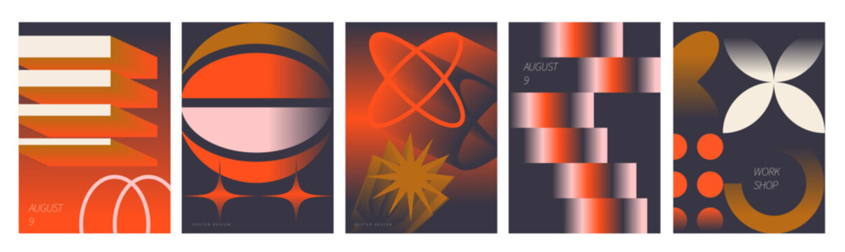 Modern geometric poster vector set with orange, pink and brown gradients. futuristic look, for flyers and social media posters