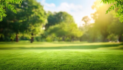 Fototapeta premium natural grass field background with blurred bokeh and trees in park