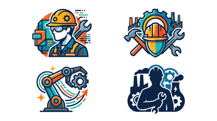 Fototapeta premium Collection of industrial and engineering icons featuring construction workers and robotic automation systems for modern manufacturing processes.