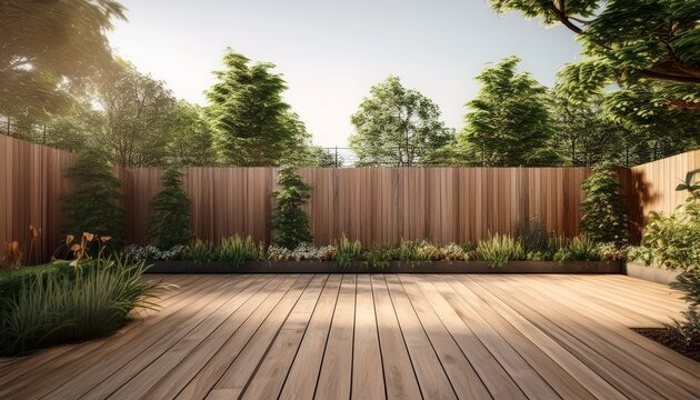 simple modern backyard fence with wooden deck and trees 3d render