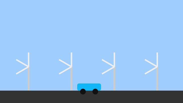 Blue autonomous delivery robot moving past wind turbines, renewable energy concept animation 4k