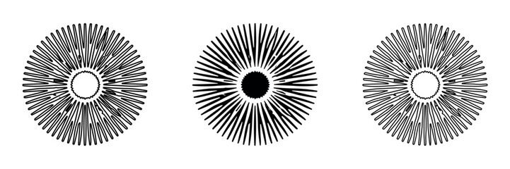 Fototapeta premium Three abstract radial starburst patterns in black and white line art