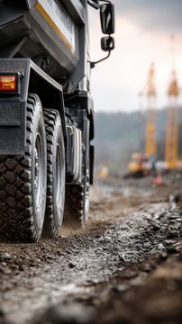 Heavy-duty construction truck driving on rugged muddy site with cranes and building equipment blurred in the background on a cloudy day