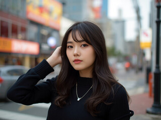 Fototapeta premium Smiling Young influencer Woman Standing on a City Street at Night Enjoying Urban Shopping Lifestyle and Modern Fashion