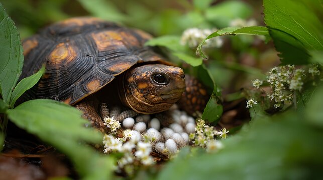 Eastern box turtle with clutch of eggs nestled in lush green foliage representing nature wildlife and new beginnings