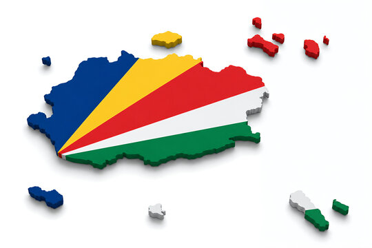 Seychelles Map with Official National Flag, Realistic 3D Country Shape Isolated on White Background