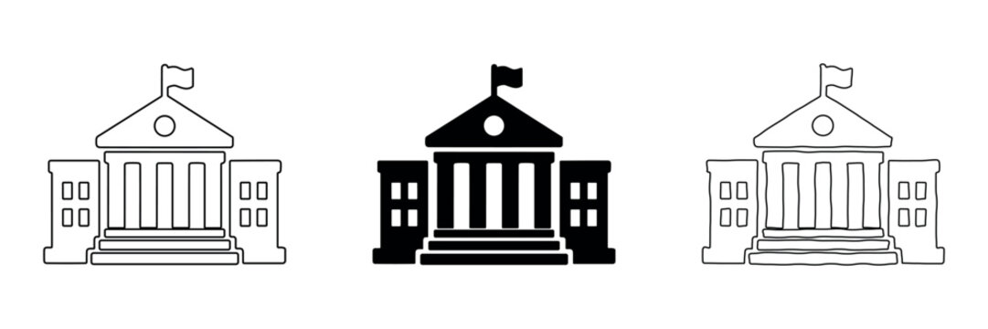 Set of three building icons representing government or educational institutions