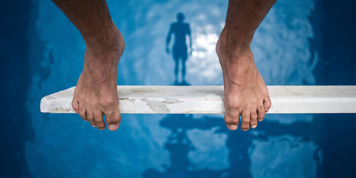 Person standing on diving board with bare feet over blue swimming pool, blurred silhouette of diver in background.