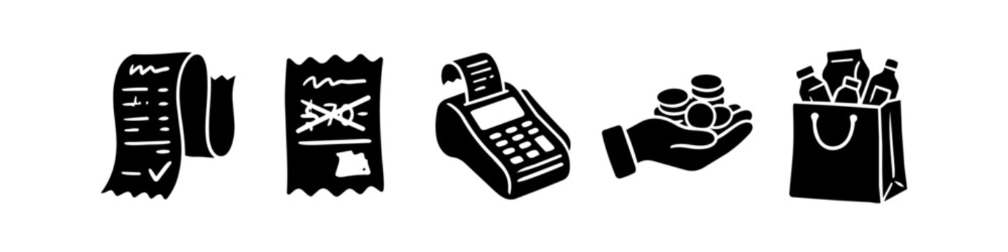 Set of black silhouette shopping and payment icons featuring receipts, a bill, a POS terminal, coins, and a grocery bag. Ideal for retail, finance, and consumerism themes.