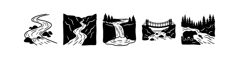 Set of black and white nature illustrations featuring rivers, waterfalls, mountains, and wildlife. Hand-drawn linocut style icons for outdoor adventure and wilderness themes. © Trends