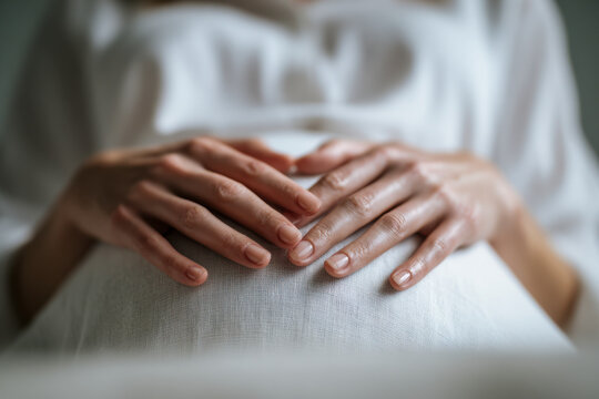 Expectant mother gently cradling her baby bump in a serene moment of anticipation and love during pregnancy with soft natural lighting and neutral tones