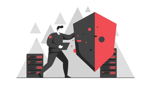Cybersecurity specialist holding a digital shield to protect server data, representing internet security, data protection, network safety, and hacking prevention.