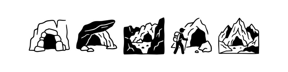 Fototapeta premium Set of black and white cave and mountain icons featuring different rocky entrances, a hiker with a backpack, and rugged cliff landscapes for outdoor adventure and exploration concepts.