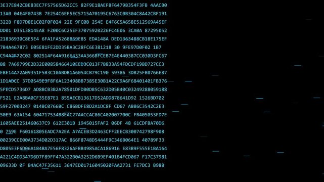 Digital data stream animation 4k background, with blue hexadecimal, code and glitch, effects
