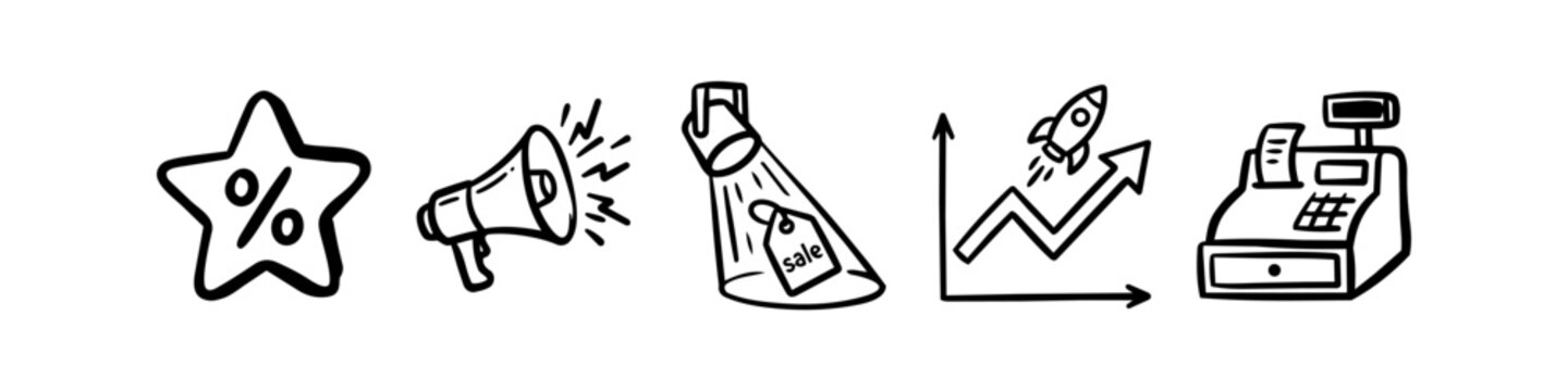 Doodle icon set for business, marketing, and sales featuring megaphone, cash register, growth chart, and sale tag. Hand-drawn sketches isolated on white.