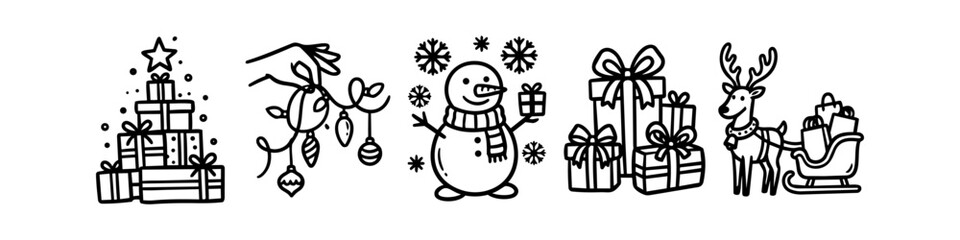 Black and white Christmas line art illustrations featuring a gift box tree, hand with ornaments, snowman, presents, and a reindeer with a sleigh. Perfect for festive holiday designs. © Trends
