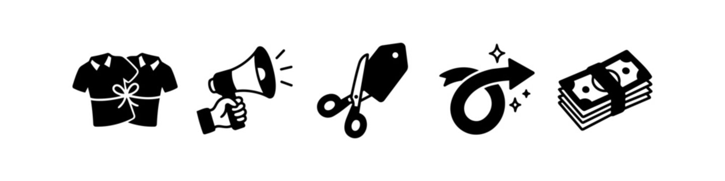 Minimalist black icon set for retail and marketing featuring bundled shirts, a megaphone for announcements, a price tag being cut, a rising success arrow, and a stack of cash.