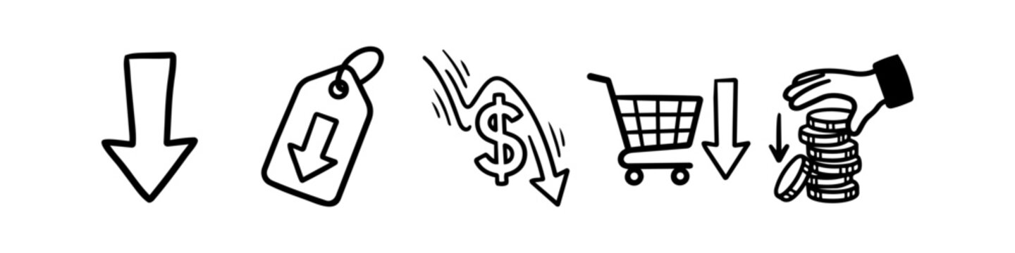 Hand-drawn doodle icons representing price drops, economic decline, and financial savings.