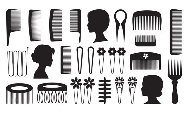 Minimal hair comb and styling accessory icon collection featuring barber combs picks brushes hairpins styling tools and salon equipment in black silhouette vector design isolated on white background