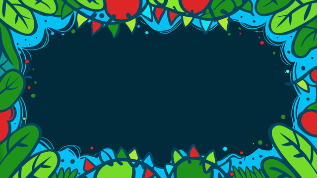 Vibrant tropical leaf and berry doodle border frame, vector