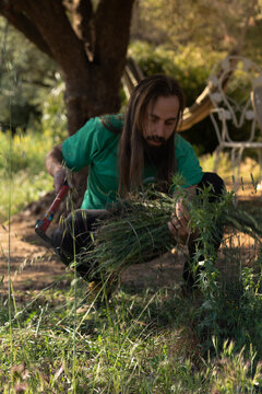 Man gardening, pulling weeds, cleaning organic soil