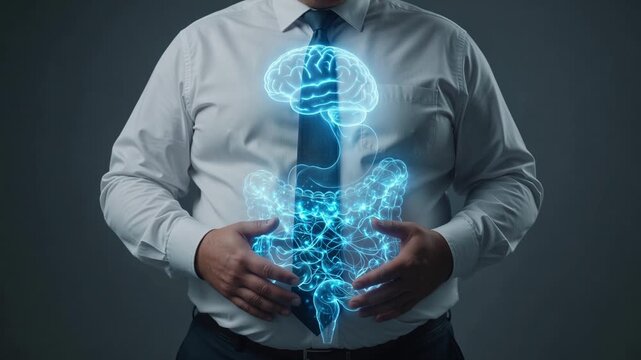 Overweight businessman in a white shirt visualizing the gut brain axis with a glowing blue hologram