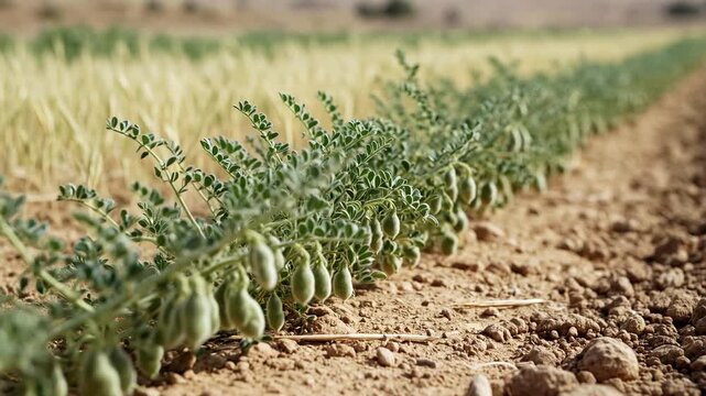 Unripe green chickpea pods growing on plants in a row on a cultivated farm field. Healthy legume crop represents organic farming, sustainable agriculture, and the plant based food industry