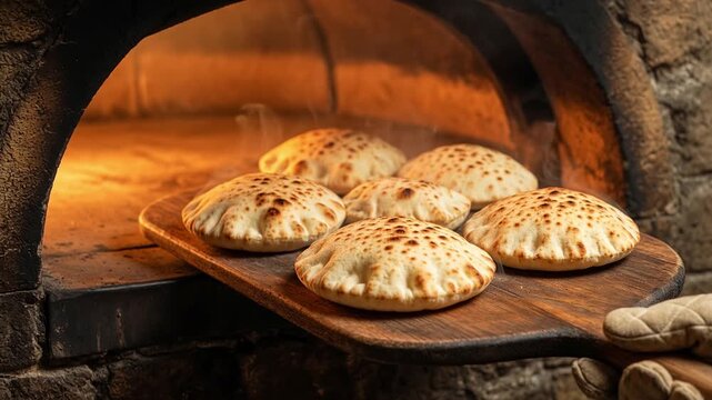 Baker wearing oven mitts carefully taking a wooden peel with steaming hot, puffy pita bread out of a traditional, glowing stone oven, showcasing an authentic and ancient baking process