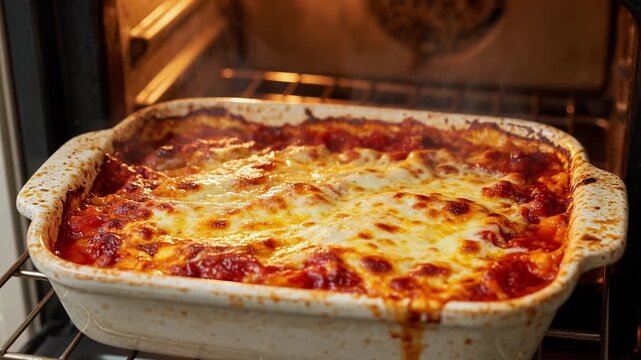 Delicious homemade italian lasagna baking in a ceramic dish inside a hot oven, with cheese melting and bubbling as steam rises from the traditional pasta meal, creating a perfect crust
