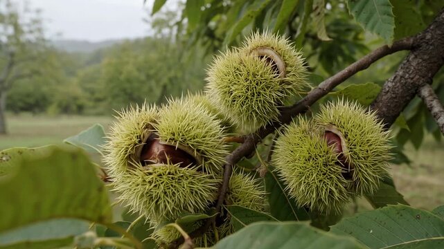 Ripe sweet chestnuts in spiky green burrs hanging on a tree branch, gently moving in the wind with a blurred green forest in the background. Autumn harvest season and healthy organic food concept
