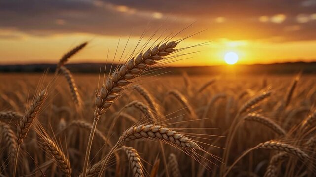 Golden ears of wheat gently swaying in the breeze in a rural field during a warm and scenic sunset, with the sun casting beautiful lens flares and creating a peaceful agricultural scene