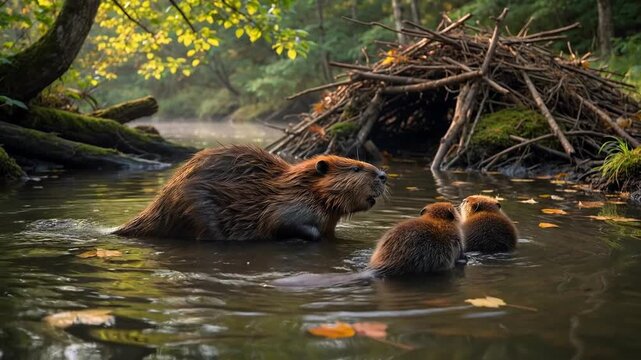 Adorable beaver family with a parent and two young kits swimming together in a tranquil forest river. The beavers are near their lodge. Enjoying the calm water surrounded by beautiful autumn foliage