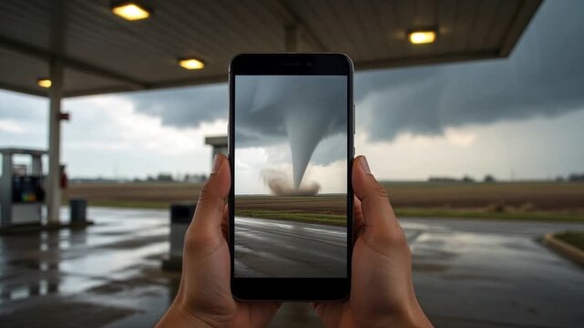 Human hands holding a modern smartphone and recording a massive destructive tornado touching down on a rural road from a safe distance under a dramatic stormy sky at a gas station