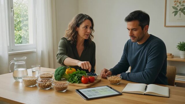 Professional female nutritionist explaining a personalized diet plan to a male client, discussing fresh vegetables, legumes, and using a tablet application for meal planning during the consultation