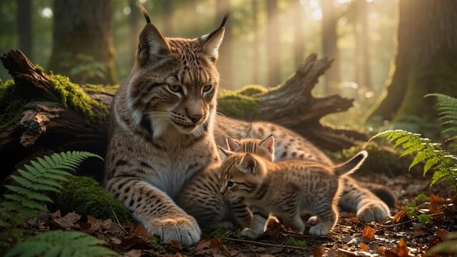 Tender moment of a watchful mother lynx resting in a sunlit forest while her curious and playful kittens cuddle and explore their natural surroundings, showcasing maternal love in the wild