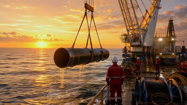 Large industrial pipe being lowered by a heavy duty crane from a pipe lay vessel into the ocean during a golden sunset, with a maritime worker in red coveralls supervising the operation