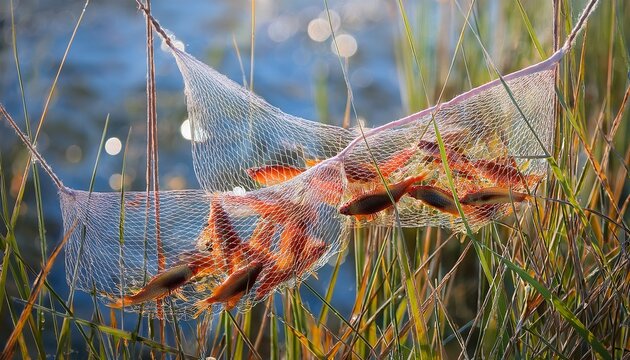 vivid roaches dance in woven strands a pastel dream of river bounty resting on dew kissed grass net harvest