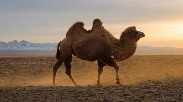 Majestic bactrian camel walking alone across the vast, arid gobi desert, kicking up dust with a beautiful golden sunset and snowy mountains providing a stunning backdrop of the mongolian landscape