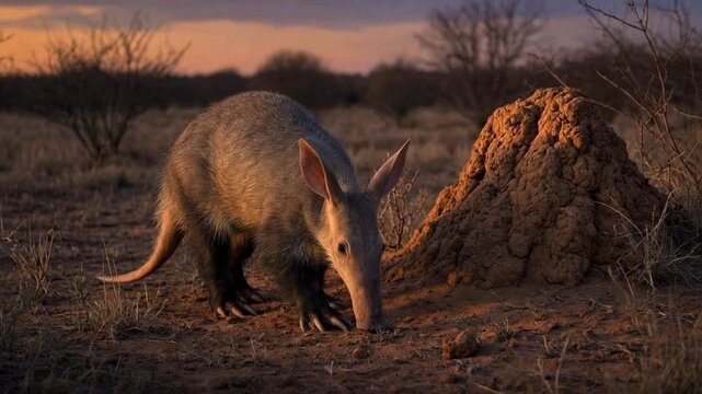 Solitary aardvark foraging for food near a termite mound in the african savanna during a beautiful sunset. This nocturnal mammal uses its long snout to search for insects like ants and termites