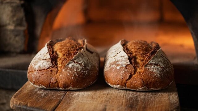 Hot steaming loaves of artisan sourdough bread with a crispy crust taken out of a traditional wood fired stone oven on a wooden peel, showcasing the ancient craft of baking