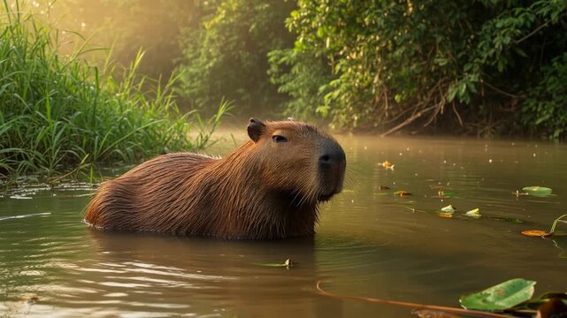 Peaceful capybara relaxing in a misty jungle river during a beautiful golden sunrise, surrounded by lush green tropical vegetation and gentle water ripples creating a serene atmosphere