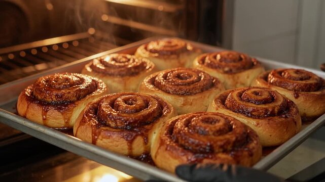 Professional baker's hands in black gloves carefully removing a hot baking tray with delicious, steaming cinnamon rolls from a commercial oven after cooking, showcasing the finished pastry